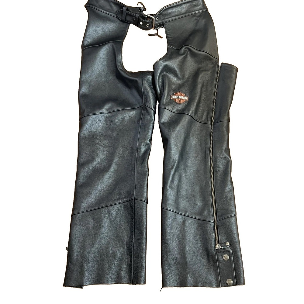 Harley Davidson Black Leather Riding Chaps Women's Size Large Embroidered Logo